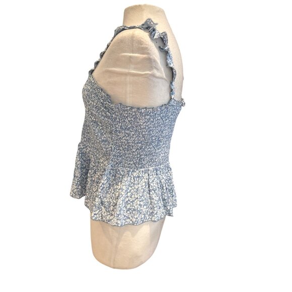 Blue & White Floral Smocked Peplum Tank Top With Ruffle Straps & Button Front - - Picture 2 of 8